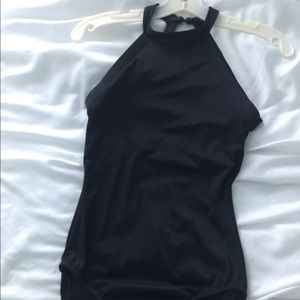 Black open back halter ballet leotard